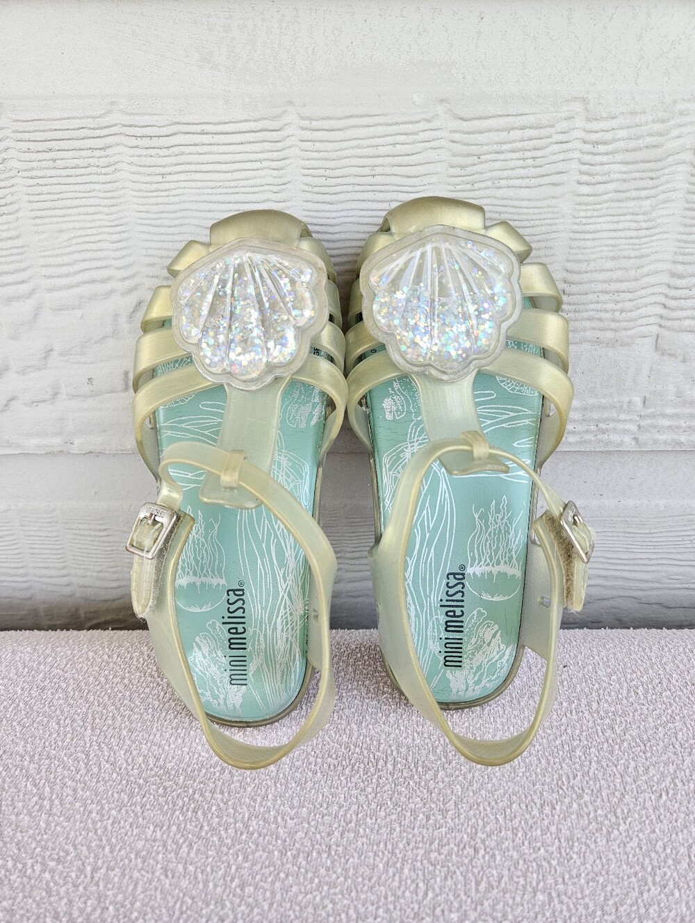 Mini Melissa Aranha Green Pearlescent Seashell Fisherman Sandal Toddler SZ 12